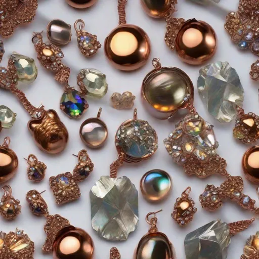 Prompt: The most beautiful unique metallic irridescent glass collection ever, copper bronze led mercury silver gold colored gems diamond copper.