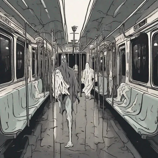 Prompt: A scary ghost flickers in & out of existence on a subway car.