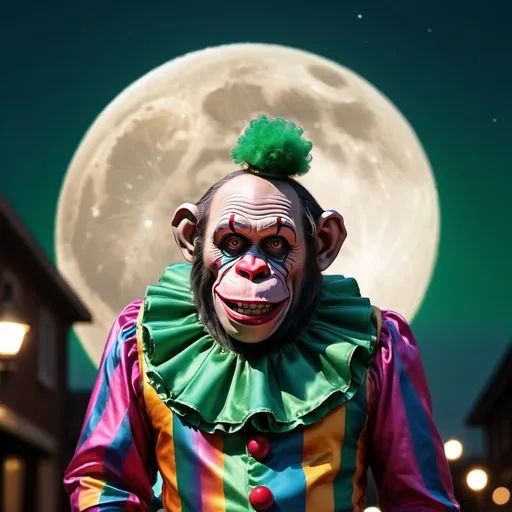 Prompt: A grinning clown-chimpanzee in makeup, green whig, & filthy disheveled clown outfit & big floppy shoes, dangling relaxed from one hand high on a street light, silhouetted by the huge full moon in the sky behind it & staring ominously directly at the camera. Professional photography, bokeh, natural lighting, canon lens, shot on dslr 64 megapixels sharp focus 8k resolution holographic astral cosmic illustration mixed media by Pablo Amaringo bm onč̣