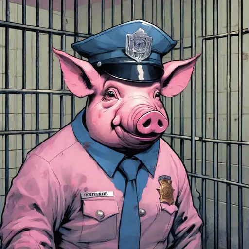 Prompt: A sad looking, pink-skinned, zombfiede humanoid pig-police officer in full, blue uniform behind bars in a prison cell.