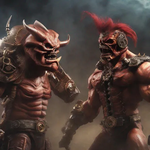 Prompt: MOTU Beast-Man & Skelator are enraged. Steampunk photo realstic 