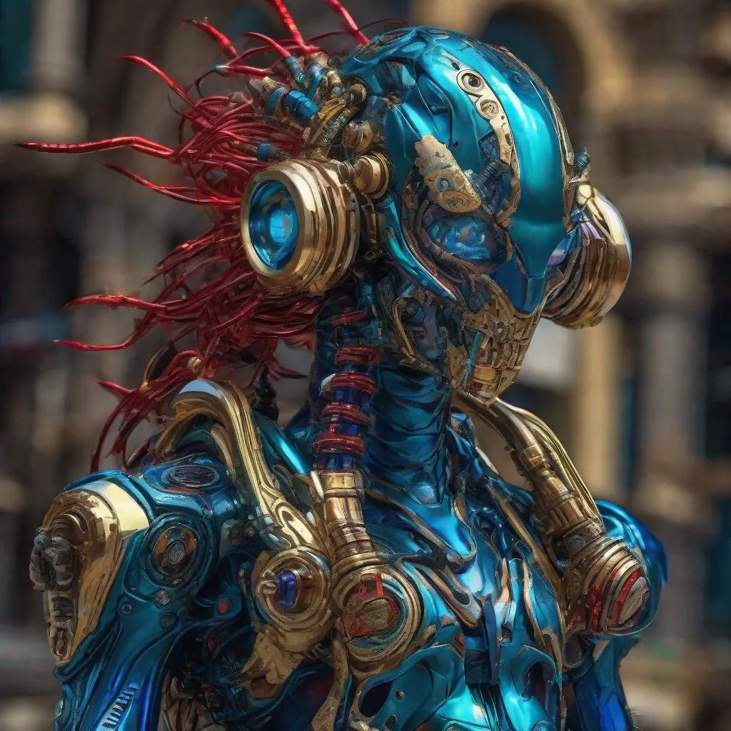 Prompt: CoVid humanoid supervillian with metallic teal base colored armor spotted with cobalt blue rings & bristling with red spike-protein like techno-interface connectors, & gold chrome hair-like hydraulic tubes on head, & all chrome accessories, weapons, & tools like grapple hook. Steampunk. intricate details, HDR, colorful polychromatic, beautifully shot, hyperrealistic, sharp focus, 64 megapixels, perfect composition, high contrast, cinematic, atmospheric, moody Professional photography, natural lighting, canon lens, shot on dslr 64 megapixels, color depth, dramatic, colorful background, high contrast, ultra detailed, ultra quality, a masterpiece, 8k resolution, hyperdetailed, volumetric lighting