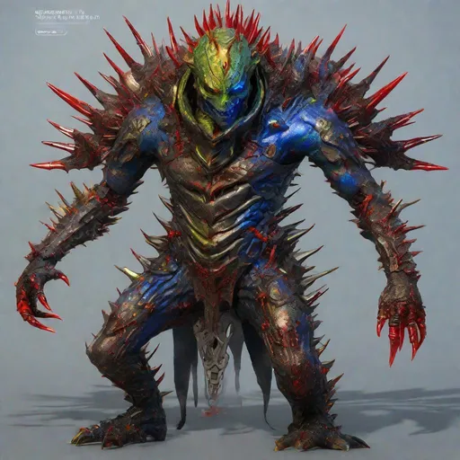 Prompt: Full body view of CoVid humanoid supervillian with iridescent scaly head & facial skin, molten-gold eyes & rows of needle-like blood red spikes of head hair & needle-sharp chrome teeth, gunmetal grey scale-textured torso armor spotted with cobalt blue colored rings outlined in chartreuse, & no legs, instead his lower half is a ball capable of rolling him in any direction & is identical to the covid 19 virus medium-grey colored with metallic red spike-proteins serving as treads. Steampunk. intricate details, HDR, colorful polychromatic, beautifully shot, hyperrealistic, sharp focus, 64 megapixels, perfect composition, high contrast Professional photography, natural lighting, canon lens, shot on dslr 64 megapixels, color depth, dramatic, high contrast, ultra detailed, ultra quality, a masterpiece, 8k resolution, hyperdetailed, volumetric lighting