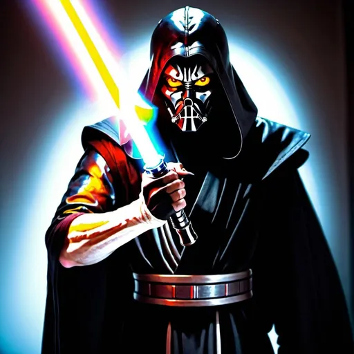 Prompt: A sith master that is a horrifying large mouthed creature with glowing yellow eyes in a black robe holding a single full length lightsaber-lazersword in one hand & he has the other hand extended towards the camera. The lightsaber should have an iridescent red-yellow-orange blade, & a smooth, claw-shaped obsidian handle. He should be wearing inky black leather & cloth robes. Cinematic film still, shot on v-raptor XL, film grain, vignette, color graded, post-processed, cinematic lighting, 35mm film, live-action, best quality, atmospheric, a masterpiece, epic, stunning, dramatic intricate details, HDR, beautifully shot, hyperrealistic, sharp focus, 64 megapixels, perfect composition, high contrast, cinematic, atmospheric, moody