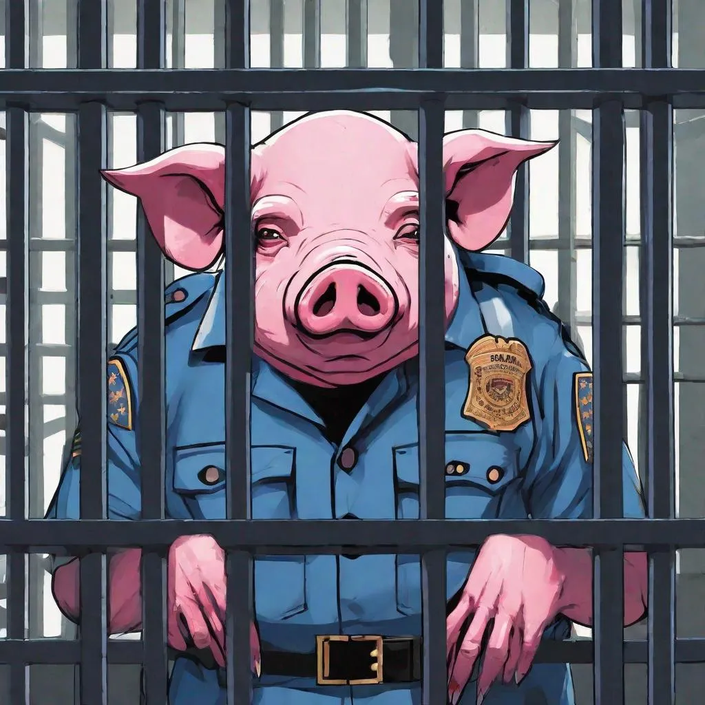 Prompt: A sad looking, pink-skinned, zombfiede humanoid pig-police officer in blue uniform behind bars in prison.