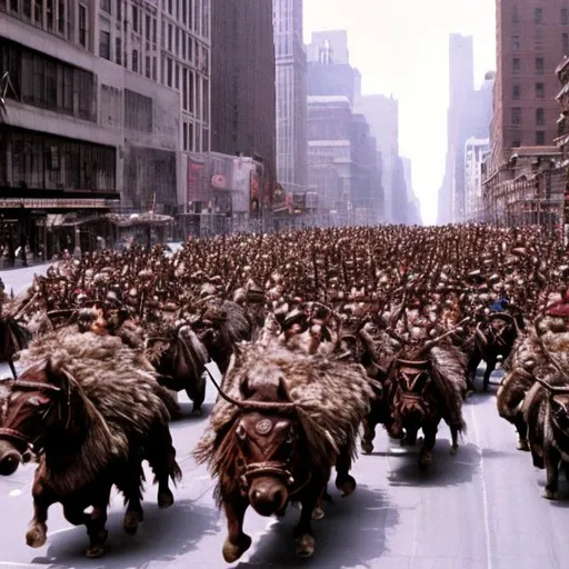 Prompt: Ghengis Kahn & his hoards are riding through downtown New York, slaughtering stunned people who are gawking at them.