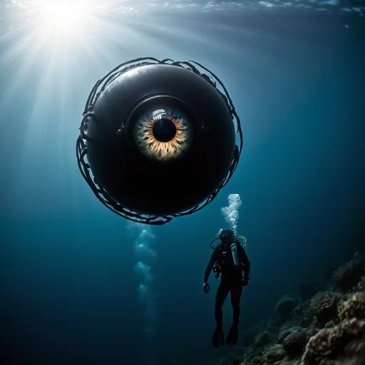 Prompt: The sillouette of a lone diver in front of the giant eyeball of an impossibly huge creature deep in the ocean. Professional photography, bokeh, natural lighting, canon lens, shot on dslr 64 megapixels sharp focus. Deep in the ocean, the only light comes from the diver's flashlight & its reflection in the giant eyeball of whatever the creature may be. Mysterious, giant eyeball, single diver's silhouette.