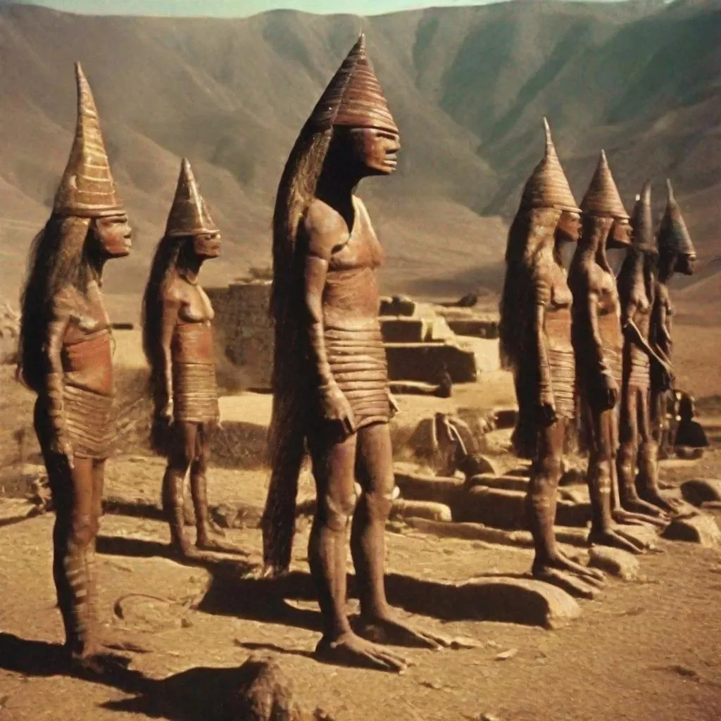 Prompt: Ancient South Americans bow before ruthless extraterrestrial conquerers. Photo quality color perfect lighting 