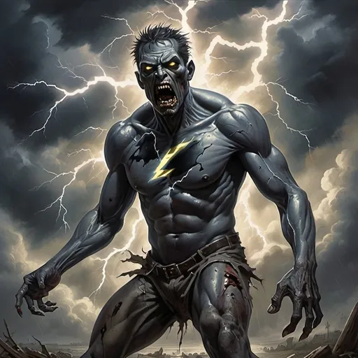 Prompt:  A zombie-Zues is up in dark storm clouds, hurling metallic black lightning in a tantrum. A masterpiece painting.