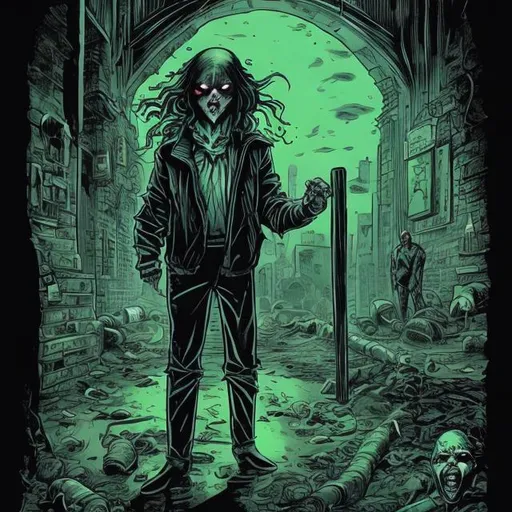 Prompt: "Sewer Smirker," dark, adult horror graphic novel. Fantastic, professional, unique color comic book artwork. 