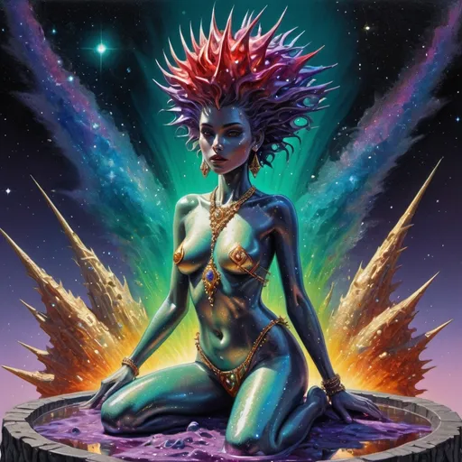 Prompt: The figure of an extremely beautiful, spiky hair-covered, female djinn rises & forms from an oil-slick puddle on the ground under a fantastic starscape on an entirely quartz planet. Deep acrylic sparkling metallic emerald gold blue purple & red, 3D shading, full body, dark fantasy! Treasure chests, luck, cosmic iridescent, high contrast, art deco, colorful polychromatic, explosive, intricate details, 8k resolution holographic astral cosmic illustration mixed media by Pablo Amaringo oil gouache, dynamic lighting! ultra quality, CGSociety
