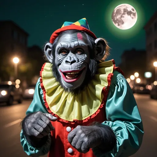 Prompt: A grinning clown-chimpanzee in makeup, green whig, & filthy disheveled clown outfit & big floppy shoes, dangling relaxed from one hand high on a street light, silhouetted by the huge full moon in the sky behind it & staring ominously directly at the camera. Professional photography, bokeh, natural lighting, canon lens, shot on dslr 64 megapixels sharp focus 8k resolution holographic astral cosmic illustration mixed media by Pablo Amaringo bm onč̣