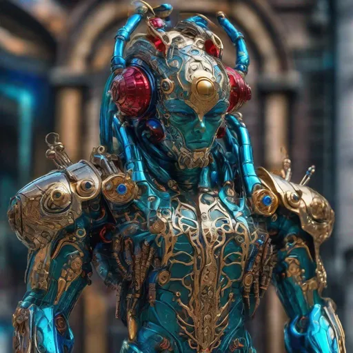 Prompt: CoVid humanoid supervillian with metallic teal base colored armor spotted with cobalt blue rings & bristling with red spike-protein shaped techno-interface connectors, & taller finer spike-protein head hair, & all chrome glass & gold & matching portal pillars. Steampunk. intricate details, HDR, colorful polychromatic, beautifully shot, hyperrealistic, sharp focus, 64 megapixels, perfect composition, high contrast Professional photography, natural lighting, canon lens, shot on dslr 64 megapixels, color depth, dramatic, colorful background, high contrast, ultra detailed, ultra quality, a masterpiece, 8k resolution, hyperdetailed, volumetric lighting