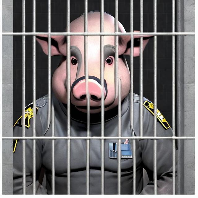 Prompt: A sad looking humanoid pig police officer, in uniform, behind bars in prison.