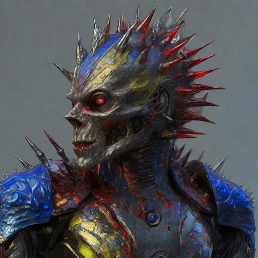 Prompt: CoVid humanoid supervillian with iridescent scaly head & facial skin, molten-gold eyes & rows of needle-like blood red spikes of head hair & needle-sharp chrome teeth, gunmetal grey scale-textured torso armor spotted with cobalt blue colored rings outlined in chartreuse, & instead of legs his lower half is a ball capable of rolling him in any direction & is identical to the covid 19 virus medium-grey colored with metallic red spike-proteins serving as treads. Steampunk. intricate details, HDR, colorful polychromatic, beautifully shot, hyperrealistic, sharp focus, 64 megapixels, perfect composition, high contrast Professional photography, natural lighting, canon lens, shot on dslr 64 megapixels, color depth, dramatic, high contrast, ultra detailed, ultra quality, a masterpiece, 8k resolution, hyperdetailed, volumetric lighting