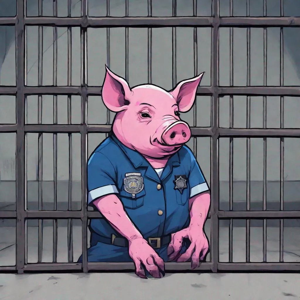 Prompt: A sad looking, pink-skinned, zombfiede humanoid pig-police officer in full, blue uniform in a prison cell.