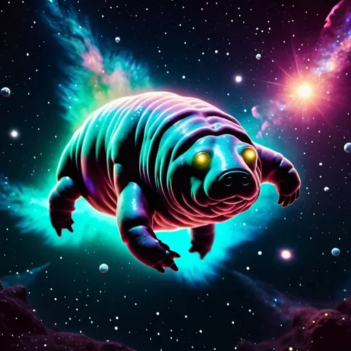 Prompt: A tartigrade-waterbear-giant creature swimming through a beautiful starscape in space. Cinematic film still, shot on v-raptor XL, film grain, vignette, color graded, post-processed, cinematic lighting, 35mm film, live-action, best quality, atmospheric, a masterpiece, epic, stunning, dramatic 8k resolution holographic astral cosmic illustration mixed media