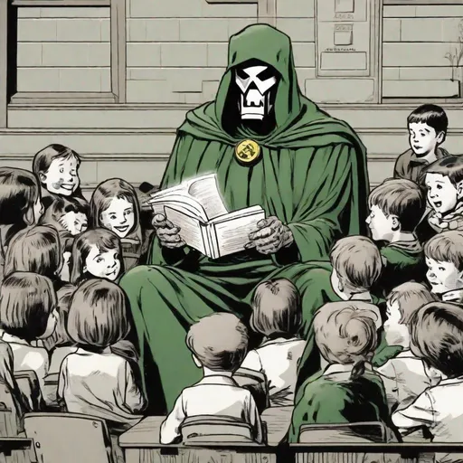 Prompt: Dr.Doom reads to schoolchildren.