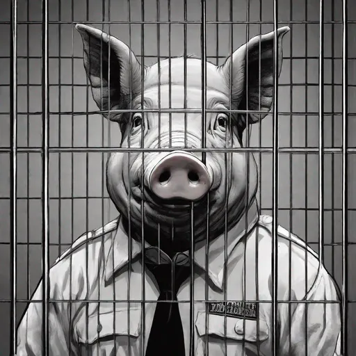 Prompt: A sad looking, zombfiede humanoid pig-police officer in
uniform & police cap, behind bars in prison.
Black & white image.