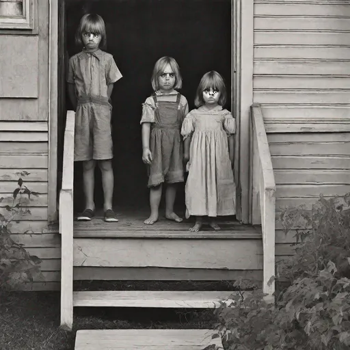 Prompt: Two black-eyed children are at the door, standing on the porch & insistently asking to be let inside the house.