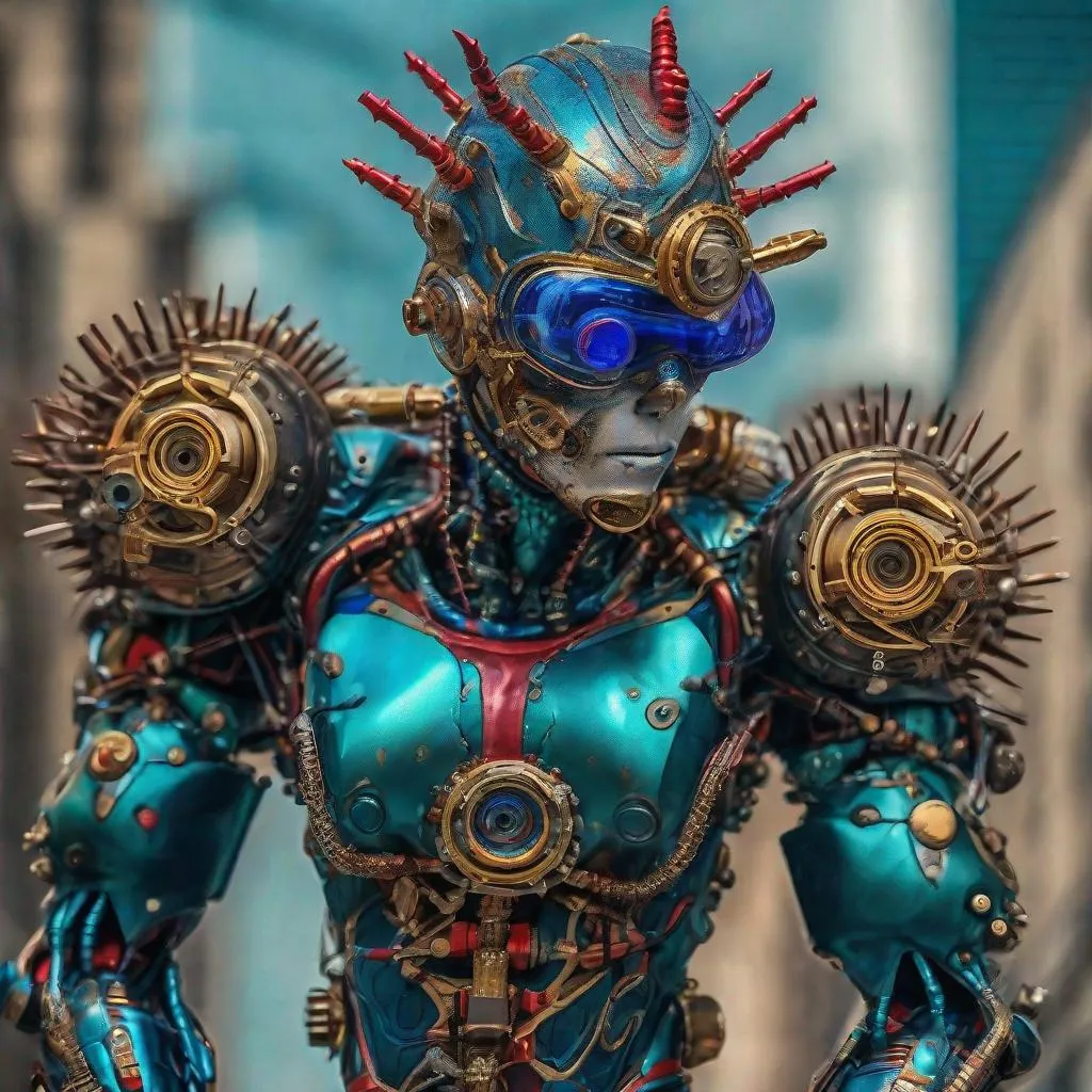 Prompt: CoVid humanoid supervillian with metallic teal base colored armor spotted with cobalt blue rings & bristling with red spike-protein like techno-interface connectors, & a mowhawk of gold & chrome hair-like hydraulic tubes on head.  Steampunk. intricate details, HDR, colorful polychromatic, beautifully shot, hyperrealistic, sharp focus, 64 megapixels, perfect composition, high contrast, cinematic, atmospheric, moody Professional photography, natural lighting, canon lens, shot on dslr 64 megapixels, color depth, dramatic, colorful background, high contrast, ultra detailed, ultra quality, a masterpiece, 8k resolution, hyperdetailed, volumetric lighting