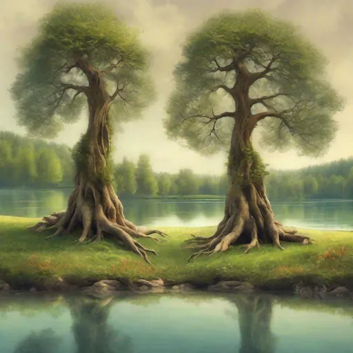 Prompt: A pair of trees step free of their root systems, in order to dance the lambada together beside a lake in a magical meadow.