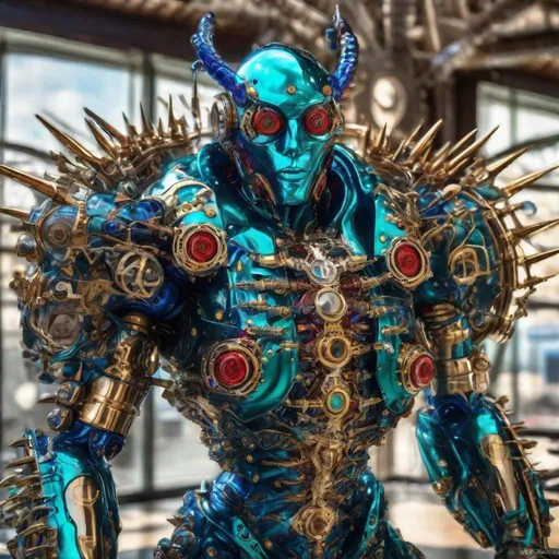 Prompt: CoVid humanoid supervillian with metallic teal base colored armor spotted with cobalt blue rings & bristling with red spike-protein shaped techno-interface connectors, & taller finer spike-protein head hair, & all chrome glass & gold & matching portal pillars. Steampunk. intricate details, HDR, colorful polychromatic, beautifully shot, hyperrealistic, sharp focus, 64 megapixels, perfect composition, high contrast Professional photography, natural lighting, canon lens, shot on dslr 64 megapixels, color depth, dramatic, colorful background, high contrast, ultra detailed, ultra quality, a masterpiece, 8k resolution, hyperdetailed, volumetric lighting