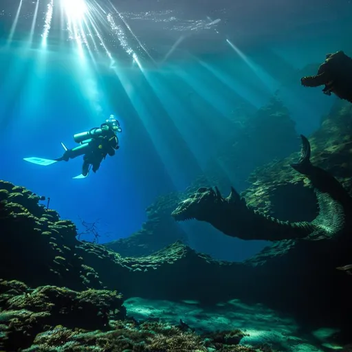 Prompt: A diver in the deep dark waters of Lochness suddenly encounters the Lochness Monster staring right at him, illuminated by the beam of his powerful light.