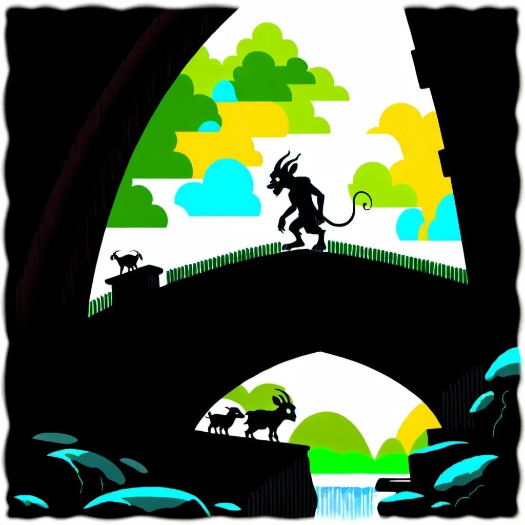 Prompt: A horrifying troll with rough green skin and large tusky teeth, is lurking under a sturdy stone bridge. He is leaning in, eyes wide and ears perked, as he listens to the sounds from above. A family of goats, their coats varying shades of white and brown, are crossing the bridge. Their hooves tapping against the stone bridge, creating echoes that fill the air beneath. Immersed in this scene is a vivid forest backdrop with tall, verdant trees, and a clear, trickling stream running under the bridge.