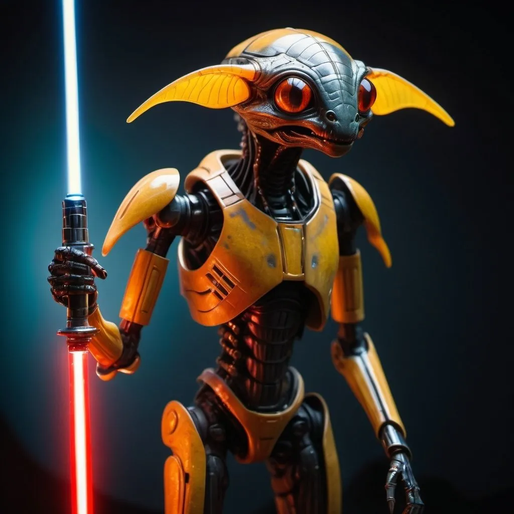 Prompt: A bipedal firefly-alien-creature jedi knight with multiple robotic cyborg-modifications & an amberina colored glowing lower abdomen & a single, matching amberina-colored lightsaber blade on an obsidian handle. Cinematic film still, shot on v-raptor XL, film grain, vignette, color graded, post-processed, cinematic lighting, 35mm film, live-action, best quality, atmospheric, a masterpiece, epic, stunning, dramatic