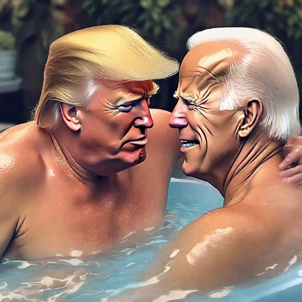 Prompt: Donald Trump & Joe Biden in a hot tub together about to French kiss eachother.