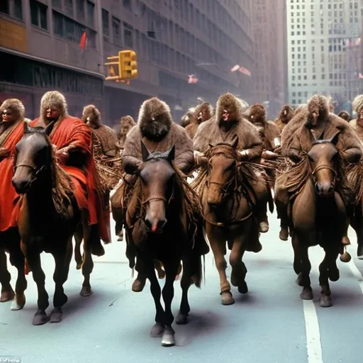 Prompt: Ghengis Kahn & his hoards are riding their horses through downtown New York, attacking stunned New Yorkers who are gawking at them.