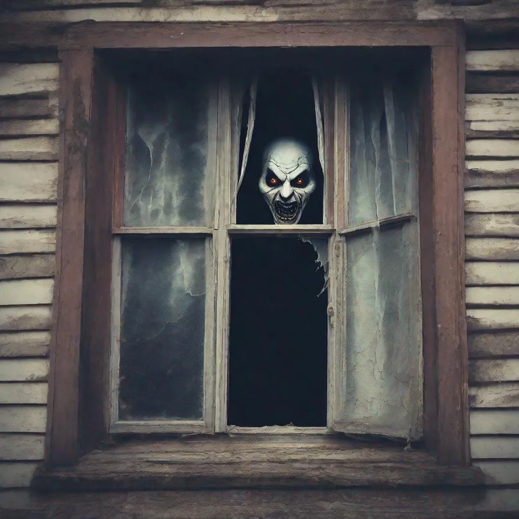 Prompt: An evil spirit peaks out of a window  of an abandoned haunted house.