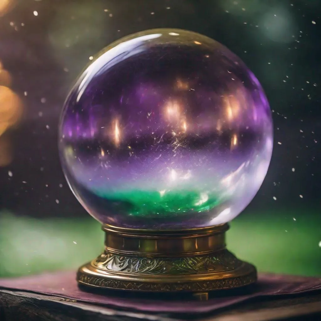 Prompt: A spectacular oversized antique crystal ball with a thunderstorm & UFO inside of it & an iridescent gold, silver, copper, bronze & metallic purple & obsidian acrylic colored standing base on it, & green mists hanging in the air. Professional photography, bokeh, ultra quality, 8k resolution holographic astral cosmic, natural lighting, canon lens, shot on dslr 64 megapixels sharp focus intricate details, HDR, beautifully shot, hyperrealistic, sharp focus, 64 megapixels, perfect composition, high contrast, cinematic, atmospheric, acrylic, high contrast, colorful polychromatic, ultra detailed, 