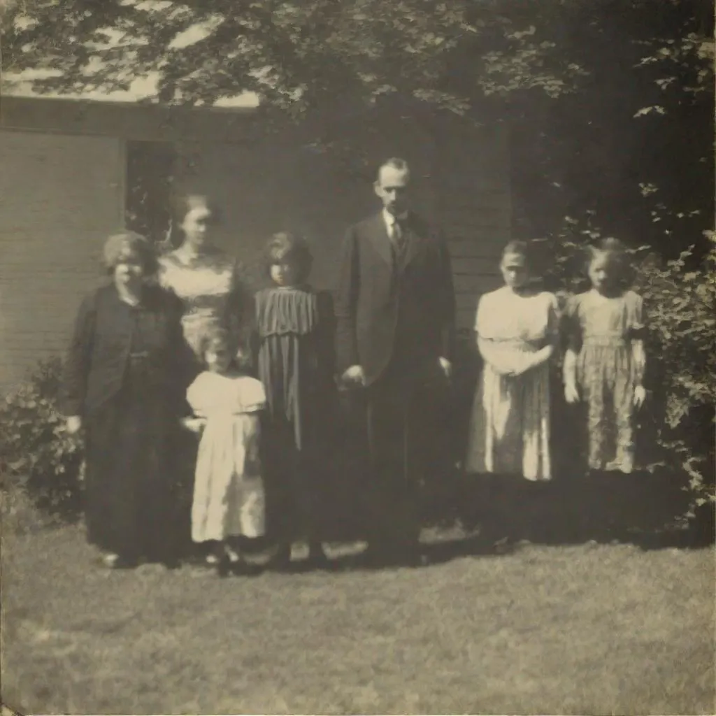 Prompt: A shadow-person caught lurking behind family members in a color photograph.