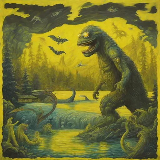 Prompt: A masterpiece painting in Yellow Submarine style depicting the sasquatch, lochness monster, chupacabra, mothman, & alien.