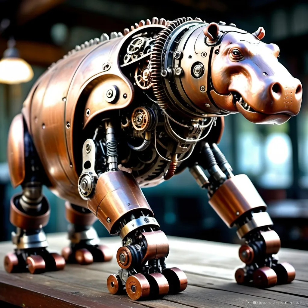 Prompt: Bipedal hippopotamus-humanoid cyborg advanced. bronze, hammered copper, brushed steel, pewter gray, black, acrylic steampunk intricate details, HDR, beautifully shot, hyperrealistic, sharp focus, 64 megapixels, highly detailed mech mecha mechanical gears pistons cogs levers wires, perfect composition, high contrast, cinematic, atmospheric, moody Professional photography, bokeh, natural lighting, canon lens,