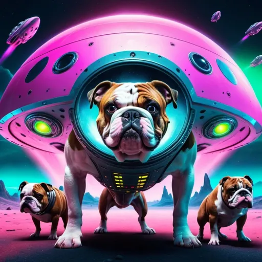 Prompt: A group of strange aliens emerge from a spaceship & approach a confused looking English bulldog, trying to hail it & make contact.