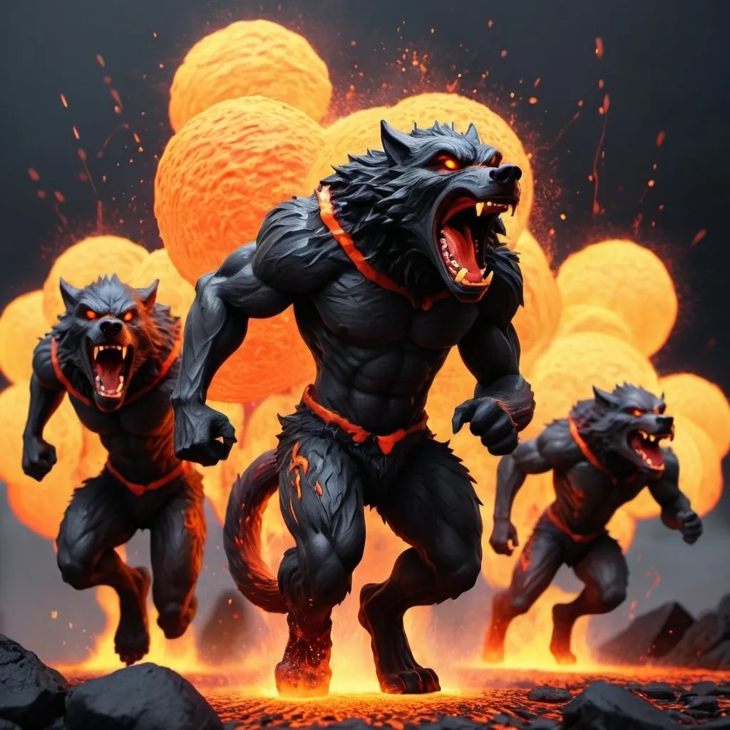 Prompt:  A pack of werewolves made of lava & fire, spraying sparks & bits of lava everywhere as they run full sprint.