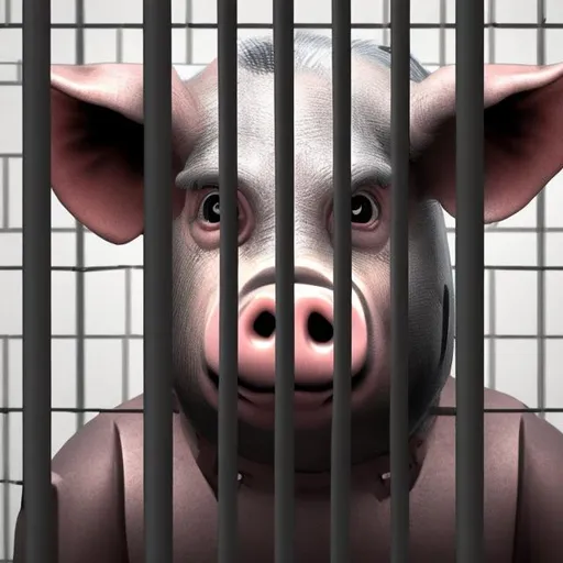 Prompt: A sad looking humanoid pig police officer behind bars in prison.