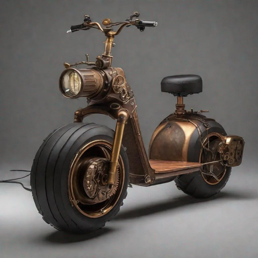 Prompt: A steampunk electric fat tire scooter.