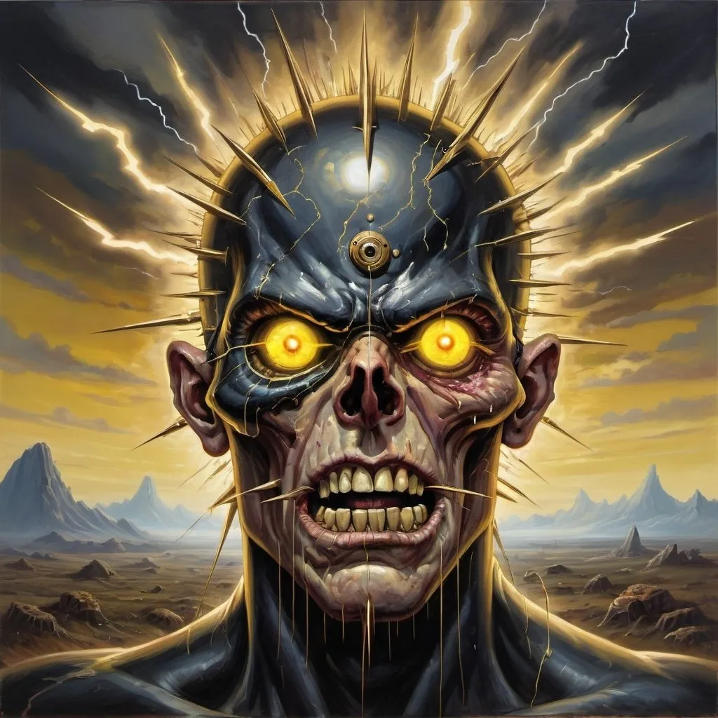 Prompt: A giant zombie cyclops head, with its single, golden-irised eye in the center & mouth full of needle sharp teeth dominates the horizon, while metallic-black-lightning bolts fly off it in all directions. Steampunk psychedelic masterpiece painting.