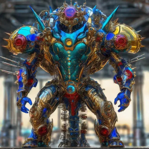 Prompt: CoVid humanoid supervillian with metallic teal base colored armor spotted with cobalt blue & yellow rings & bristling with red spike-protein shaped techno-interface connectors, & taller finer red spike-protein head hair, & all chrome glass & gold & matching portal pillars. Steampunk. intricate details, HDR, colorful polychromatic, beautifully shot, hyperrealistic, sharp focus, 64 megapixels, perfect composition, high contrast Professional photography, natural lighting, canon lens, shot on dslr 64 megapixels, color depth, dramatic, colorful background, high contrast, ultra detailed, ultra quality, a masterpiece, 8k resolution, hyperdetailed, volumetric lighting