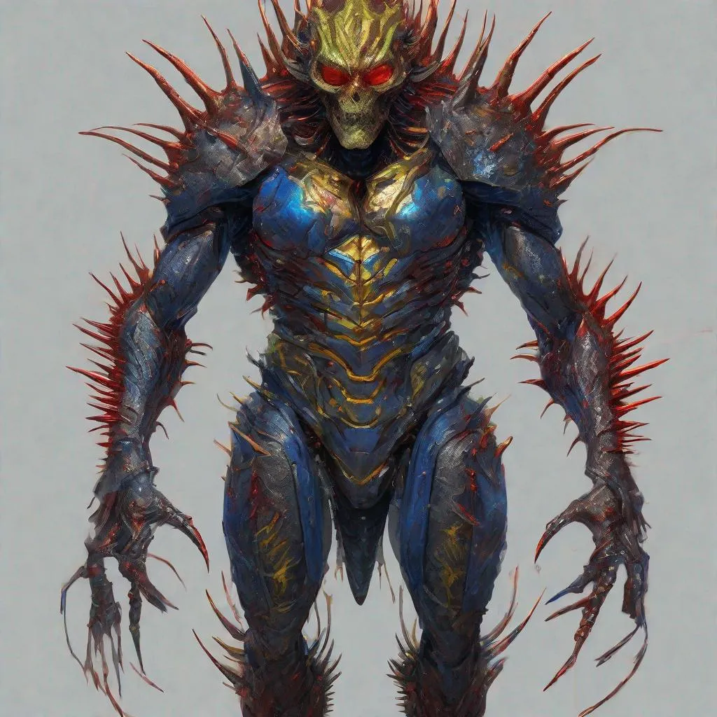 Prompt: CoVid humanoid supervillian with iridescent scaly head & facial skin, molten-gold eyes & rows of needle-like blood red spikes of head hair & needle-sharp chrome teeth, gunmetal grey scale-textured torso armor spotted with cobalt blue colored rings outlined in chartreuse, & instead of legs his lower half is a ball capable of rolling him in any direction & is identical to the covid 19 virus medium-grey colored with metallic red spike-proteins serving as treads. Steampunk. intricate details, HDR, colorful polychromatic, beautifully shot, hyperrealistic, sharp focus, 64 megapixels, perfect composition, high contrast Professional photography, natural lighting, canon lens, shot on dslr 64 megapixels, color depth, dramatic, high contrast, ultra detailed, ultra quality, a masterpiece, 8k resolution, hyperdetailed, volumetric lighting