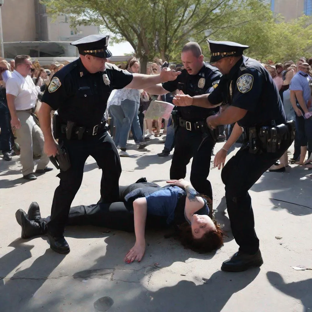 Prompt: Two evil cops high-five eachover while standing over the seriously injured woman on the ground who they've just beat brutally.