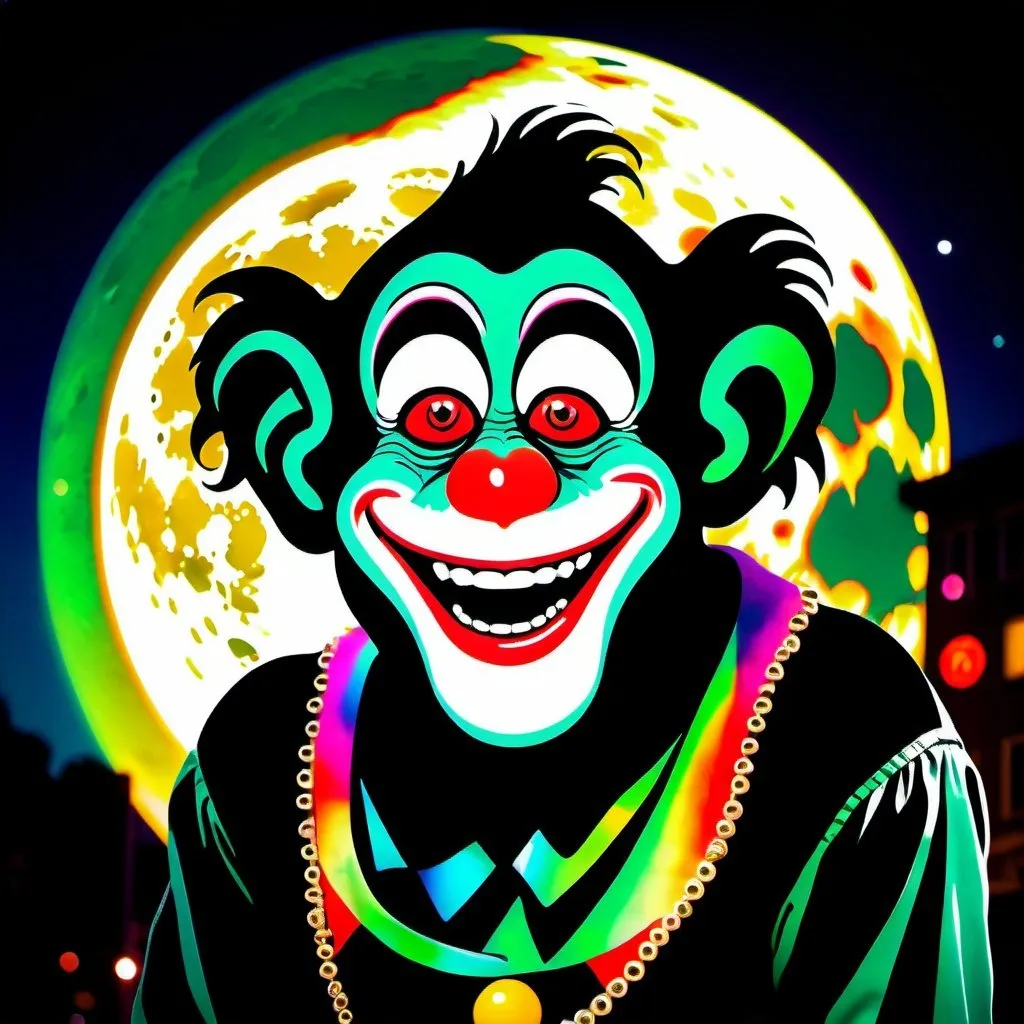 Prompt: A grinning clown-chimpanzee in makeup, green whig, & filthy disheveled clown outfit & big floppy shoes, dangling relaxed from one hand high on a street light, silhouetted by the huge full moon in the sky behind it & staring ominously directly at the camera. Professional photography, bokeh, natural lighting, canon lens, shot on dslr 64 megapixels sharp focus 8k resolution holographic astral cosmic illustration mixed media by Pablo Amaringo bm onč̣