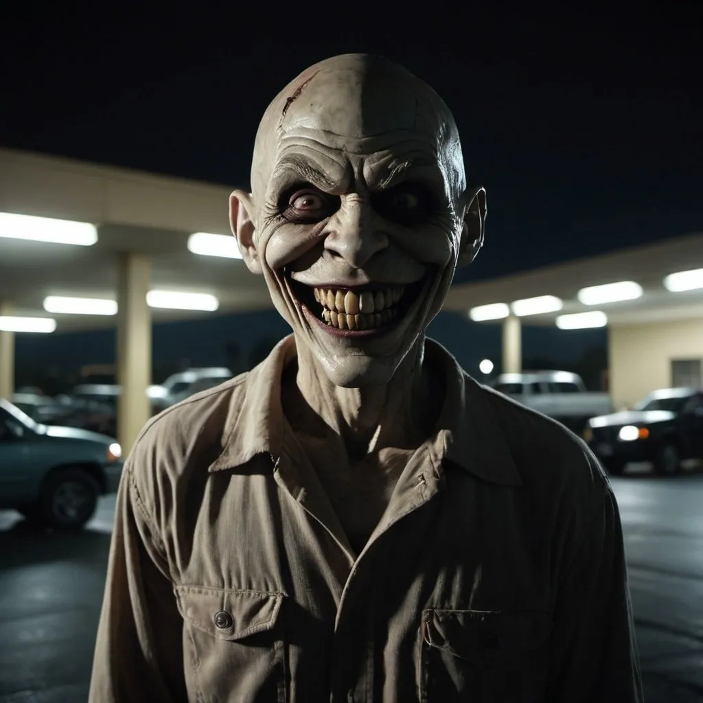 Prompt: A tall, humanoid figure with a wide, excited look in his eyes and an unsettlingly large, toothy grin stands half-covered by shadows across a dimly lit parking lot. His grin and eyes are some of the few features visible, adding to the eeriness of this scene. Capture this scene like a film still using the techniques of post processing, cinematic lighting, and color grading. Give the image a vignette effect and induce grain to it for an old 35mm film look. Create a depiction that's atmospheric, dramatic, terrifying, and visually striking, resembling the highest quality of live-action cinema.