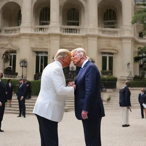 Prompt: Donald Trump & Joe Biden about to French kiss eachother.