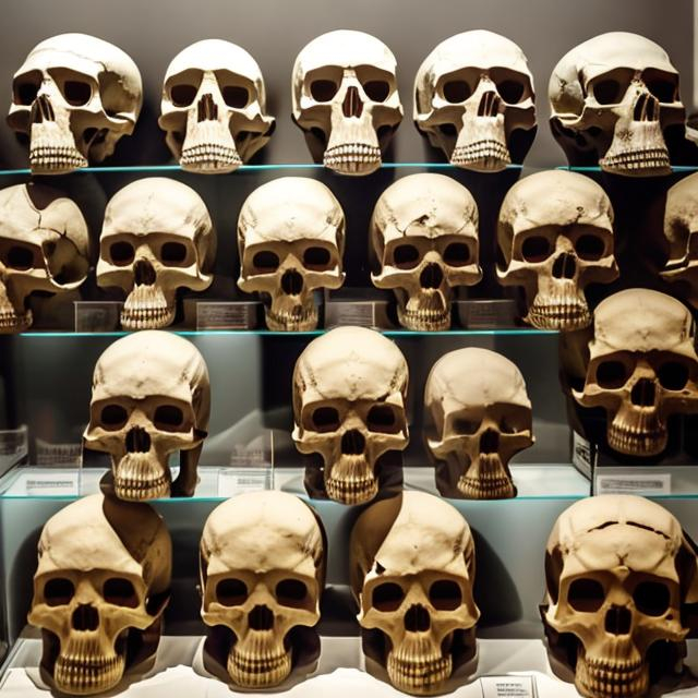 Prompt: The Paracas Skulls on display at a museum.