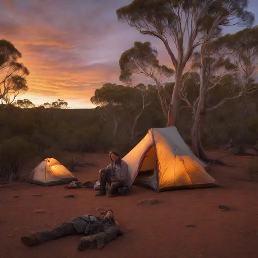 Prompt: A pair of living thylocenes shocks a family camping deep in the Western Australian wilderness. Photo realistic perfect magic hour lighting.